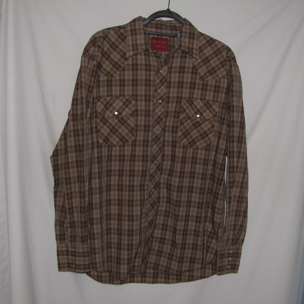Mens' Rustler Pearl Snap Plaid Shirt Brown Beige Blue Cotton Blend Size Large